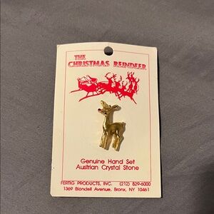 Vintage Gold Reindeer Pin with Austrian Crystal